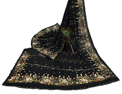 Indian Vintage Black Saree Georgette Hand Beaded Sari Fabric 5Yard Sewing Soft Ethnic Glass Beaded