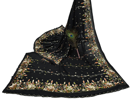 Indian Vintage Black Saree Georgette Hand Beaded Sari Fabric 5Yard Sewing Soft Ethnic Glass Beaded