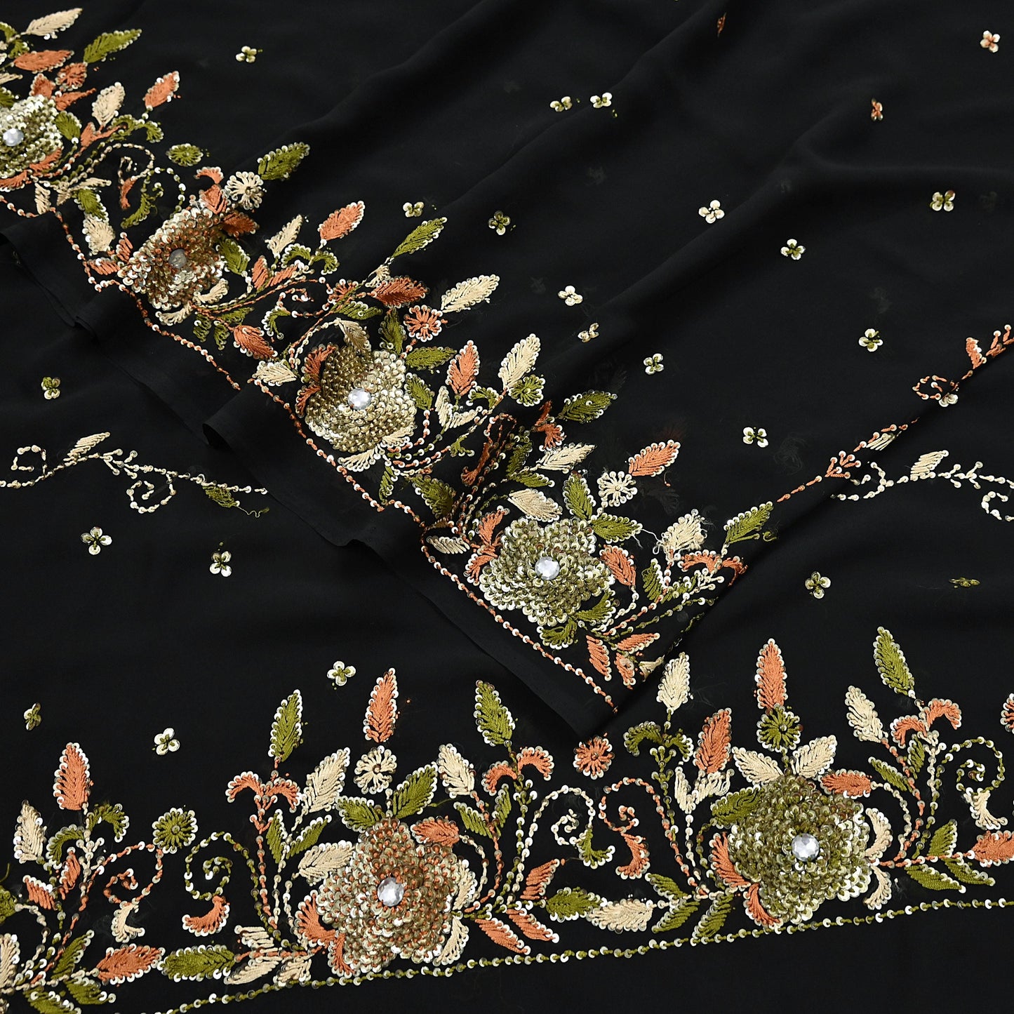 Indian Vintage Black Saree Georgette Hand Beaded Sari Fabric 5Yard Sewing Soft Ethnic Glass Beaded