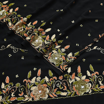 Indian Vintage Black Saree Georgette Hand Beaded Sari Fabric 5Yard Sewing Soft Ethnic Glass Beaded