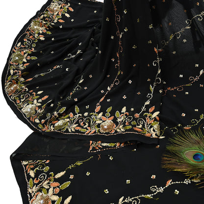Indian Vintage Black Saree Georgette Hand Beaded Sari Fabric 5Yard Sewing Soft Ethnic Glass Beaded