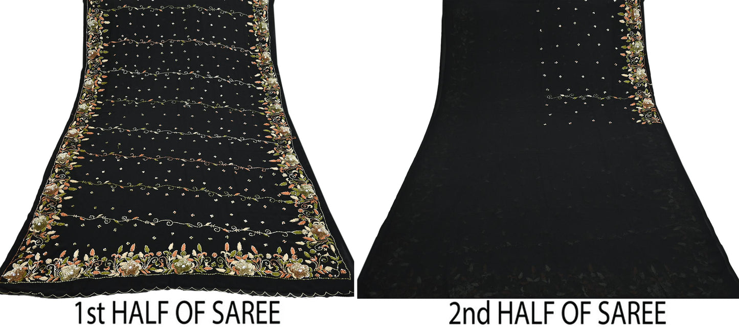 Indian Vintage Black Saree Georgette Hand Beaded Sari Fabric 5Yard Sewing Soft Ethnic Glass Beaded