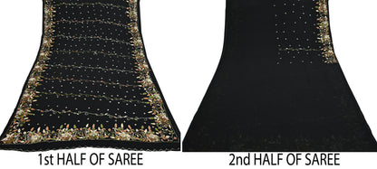 Indian Vintage Black Saree Georgette Hand Beaded Sari Fabric 5Yard Sewing Soft Ethnic Glass Beaded
