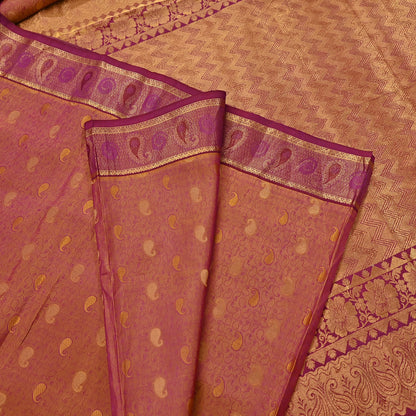Indian Vintage Heavy Purple & Saffron Kanjivaram Saree 100% Pure Silk Sari Metallic Zari 5Yd Floral Crafting Dress making Ethnic Fringes