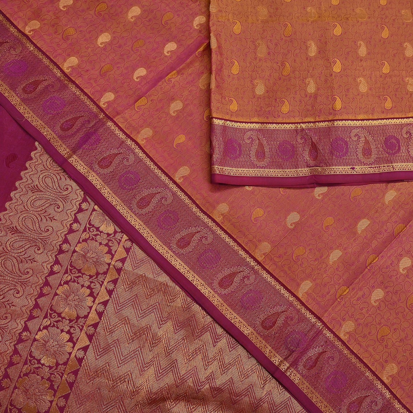 Indian Vintage Heavy Purple & Saffron Kanjivaram Saree 100% Pure Silk Sari Metallic Zari 5Yd Floral Crafting Dress making Ethnic Fringes
