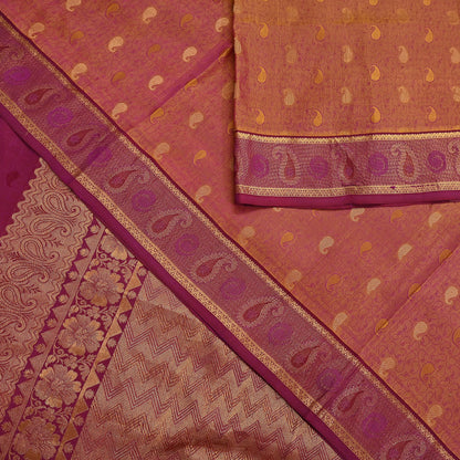 Indian Vintage Heavy Purple & Saffron Kanjivaram Saree 100% Pure Silk Sari Metallic Zari 5Yd Floral Crafting Dress making Ethnic Fringes