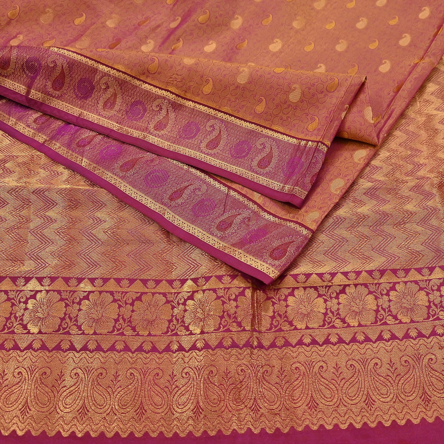 Indian Vintage Heavy Purple & Saffron Kanjivaram Saree 100% Pure Silk Sari Metallic Zari 5Yd Floral Crafting Dress making Ethnic Fringes