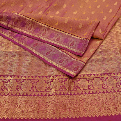 Indian Vintage Heavy Purple & Saffron Kanjivaram Saree 100% Pure Silk Sari Metallic Zari 5Yd Floral Crafting Dress making Ethnic Fringes