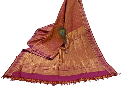 Indian Vintage Heavy Purple & Saffron Kanjivaram Saree 100% Pure Silk Sari Metallic Zari 5Yd Floral Crafting Dress making Ethnic Fringes
