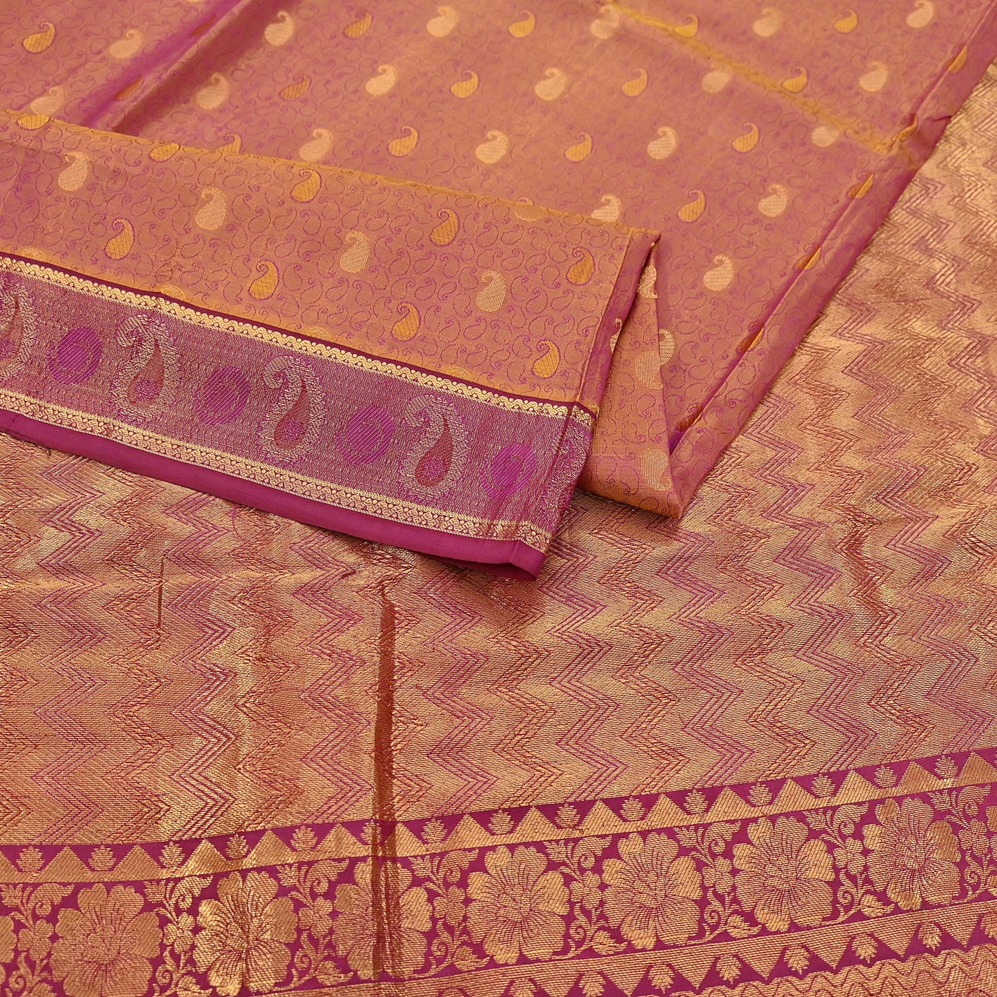 Indian Vintage Heavy Purple & Saffron Kanjivaram Saree 100% Pure Silk Sari Metallic Zari 5Yd Floral Crafting Dress making Ethnic Fringes