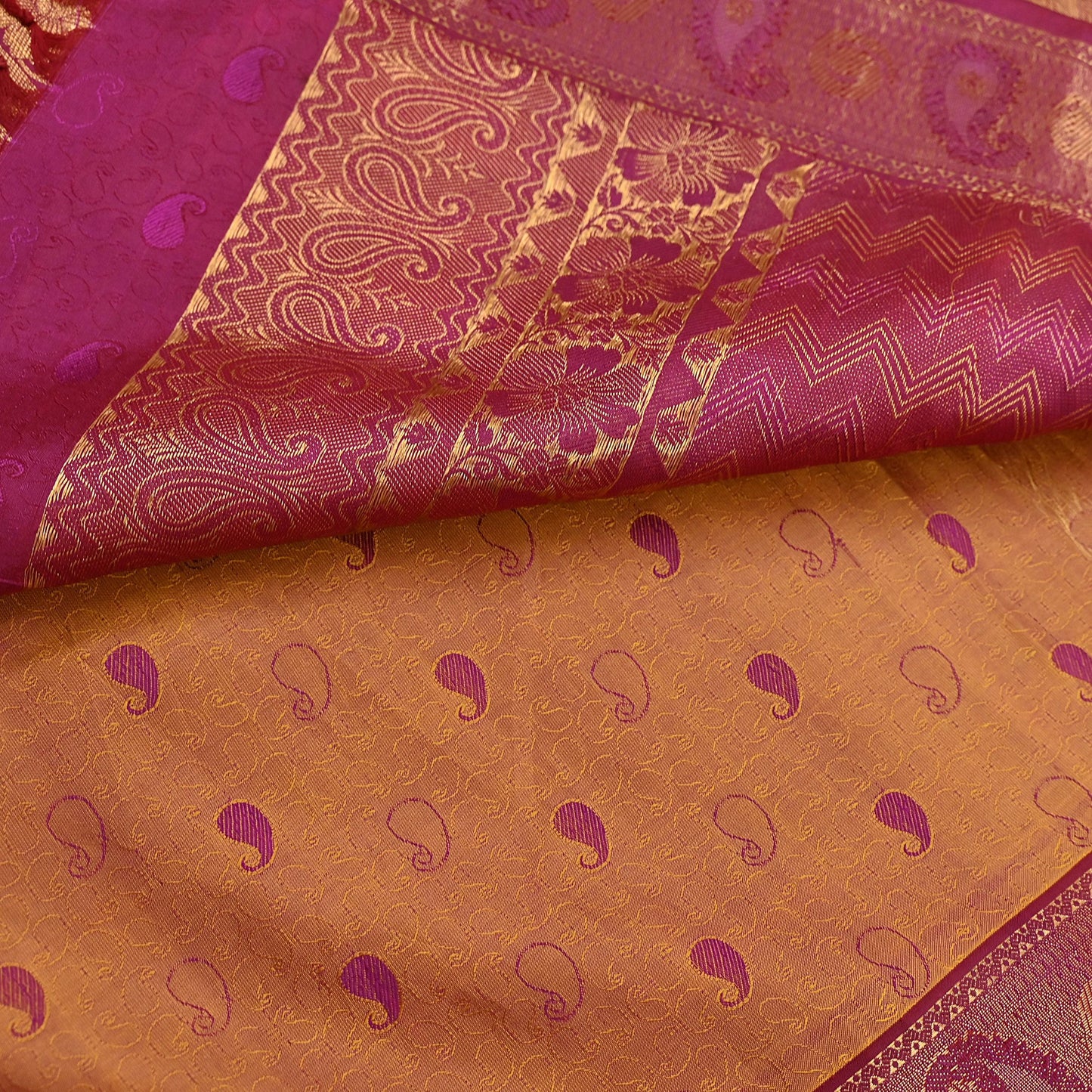 Indian Vintage Heavy Purple & Saffron Kanjivaram Saree 100% Pure Silk Sari Metallic Zari 5Yd Floral Crafting Dress making Ethnic Fringes