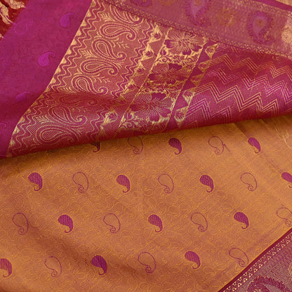 Indian Vintage Heavy Purple & Saffron Kanjivaram Saree 100% Pure Silk Sari Metallic Zari 5Yd Floral Crafting Dress making Ethnic Fringes