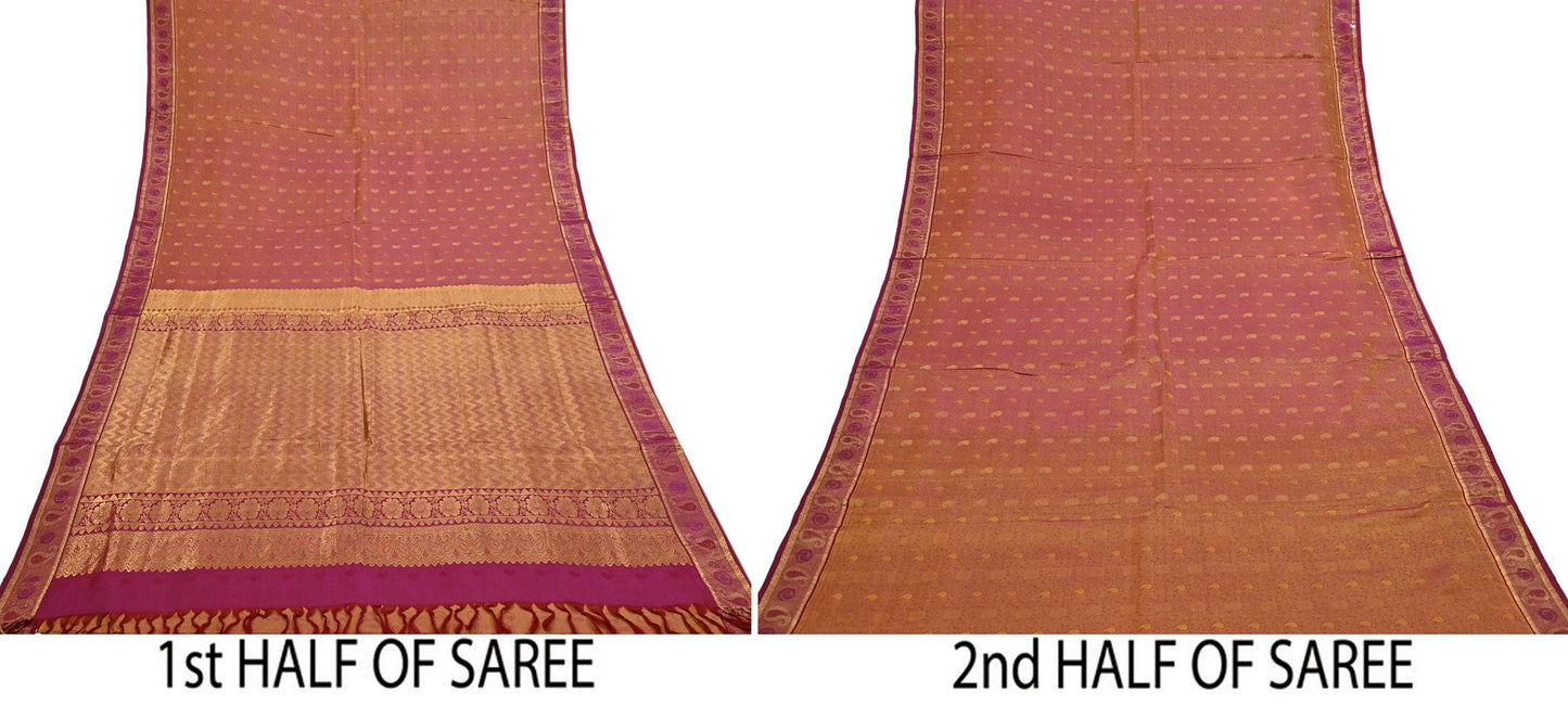Indian Vintage Heavy Purple & Saffron Kanjivaram Saree 100% Pure Silk Sari Metallic Zari 5Yd Floral Crafting Dress making Ethnic Fringes