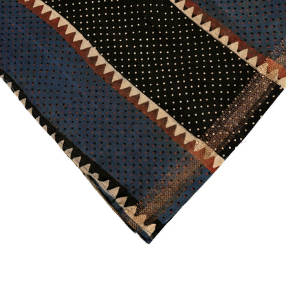 Indian Vintage Blue & Black Dupatta Long Stole Hand Block Print Pure Chanderi Silk Scarves Veil Golden Zari