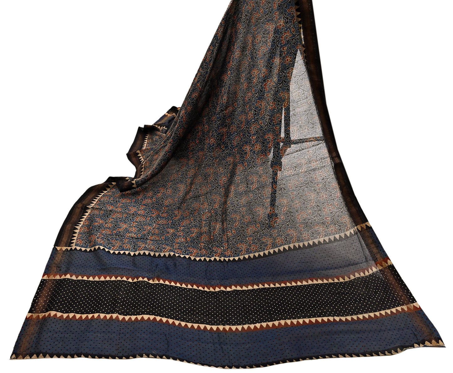Indian Vintage Blue & Black Dupatta Long Stole Hand Block Print Pure Chanderi Silk Scarves Veil Golden Zari