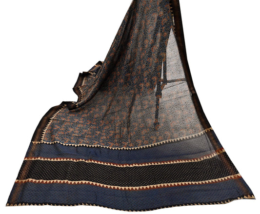 Indian Vintage Blue & Black Dupatta Long Stole Hand Block Print Pure Chanderi Silk Scarves Veil Golden Zari