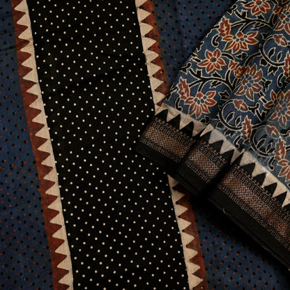 Indian Vintage Blue & Black Dupatta Long Stole Hand Block Print Pure Chanderi Silk Scarves Veil Golden Zari