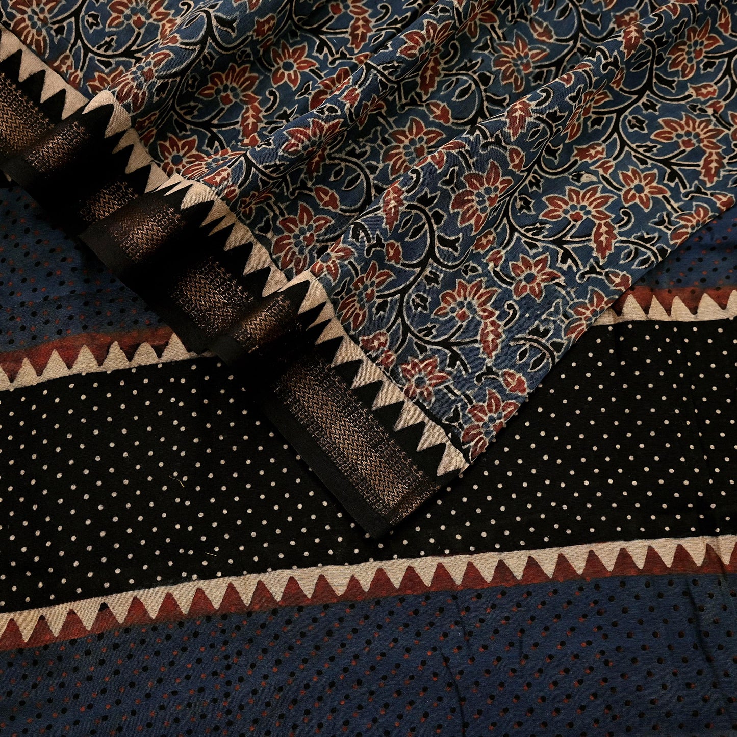 Indian Vintage Blue & Black Dupatta Long Stole Hand Block Print Pure Chanderi Silk Scarves Veil Golden Zari
