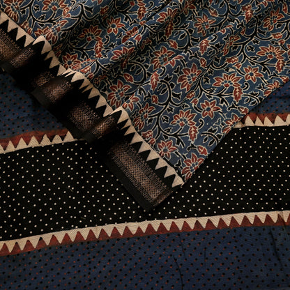 Indian Vintage Blue & Black Dupatta Long Stole Hand Block Print Pure Chanderi Silk Scarves Veil Golden Zari