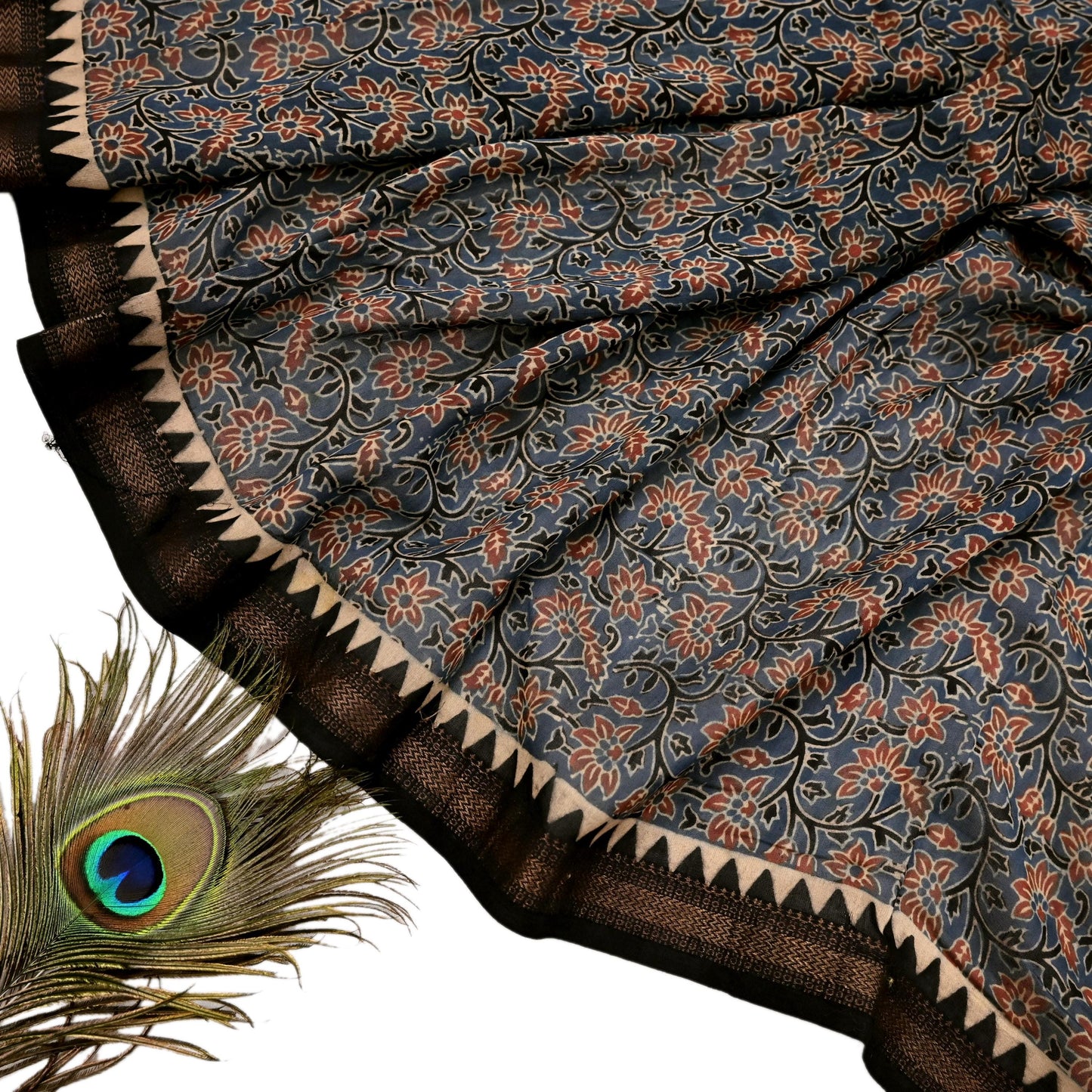 Indian Vintage Blue & Black Dupatta Long Stole Hand Block Print Pure Chanderi Silk Scarves Veil Golden Zari