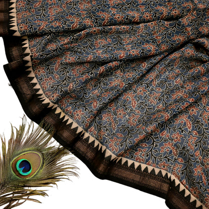 Indian Vintage Blue & Black Dupatta Long Stole Hand Block Print Pure Chanderi Silk Scarves Veil Golden Zari