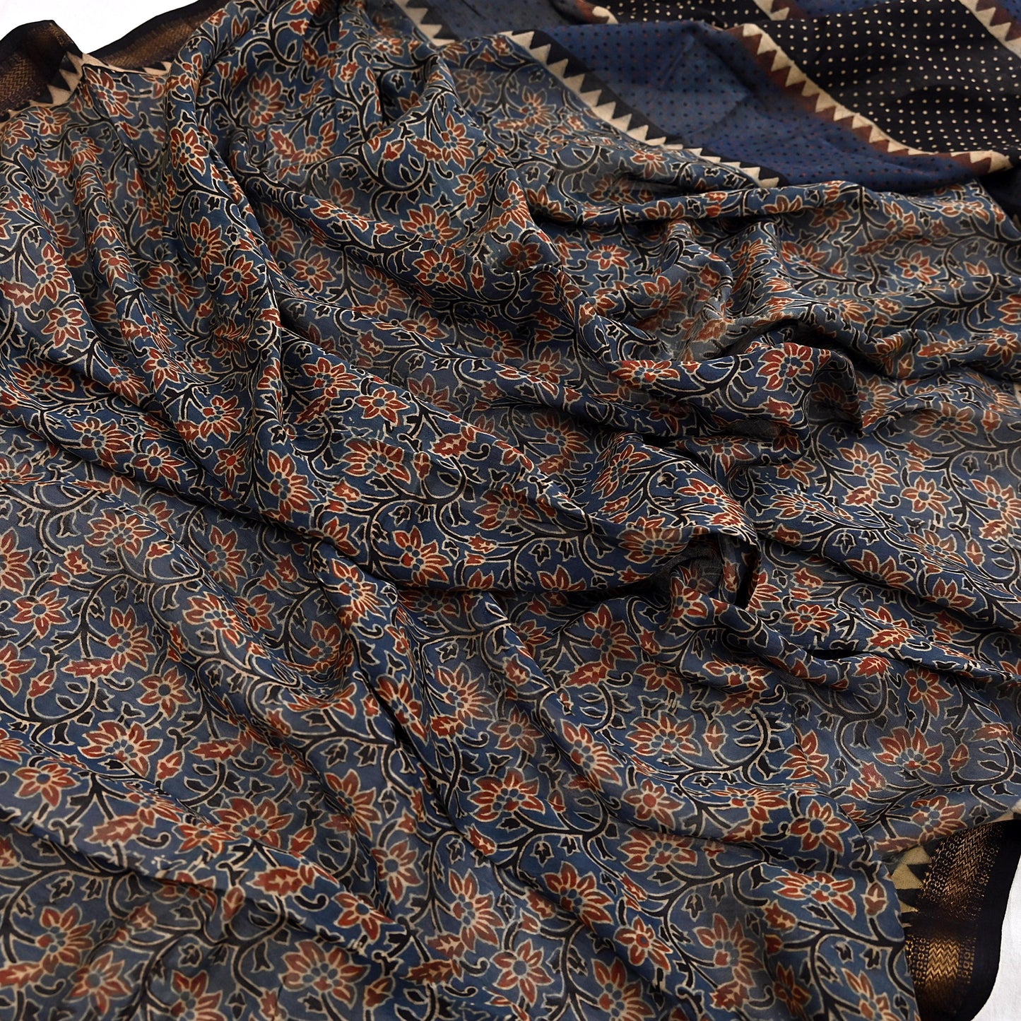 Indian Vintage Blue & Black Dupatta Long Stole Hand Block Print Pure Chanderi Silk Scarves Veil Golden Zari