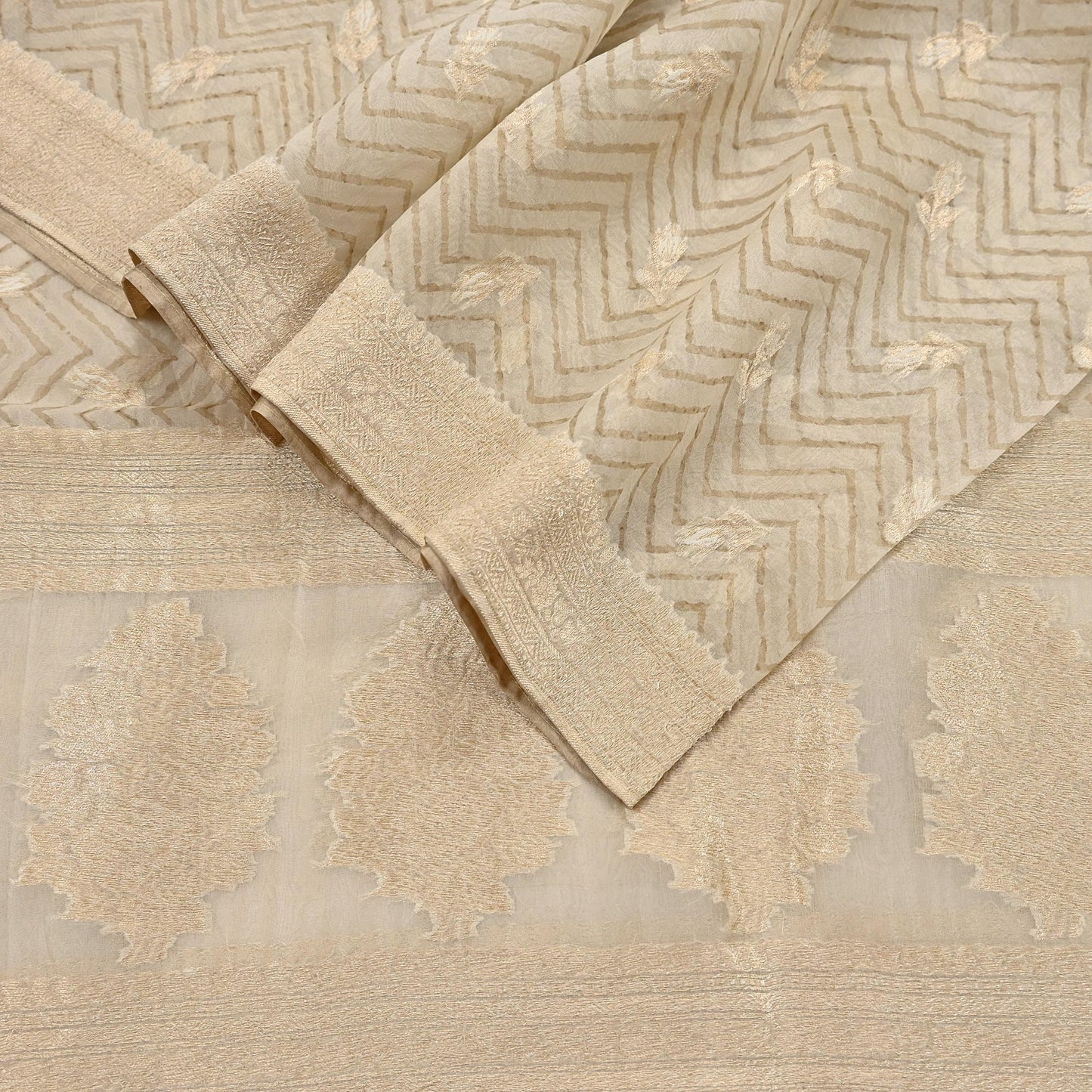 Indian Vintage Dupatta Ivory Pure Organza Silk Long Stole Woven Scarves Veil Zari Soft Stripes Design