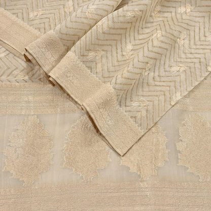 Indian Vintage Dupatta Ivory Pure Organza Silk Long Stole Woven Scarves Veil Zari Soft Stripes Design
