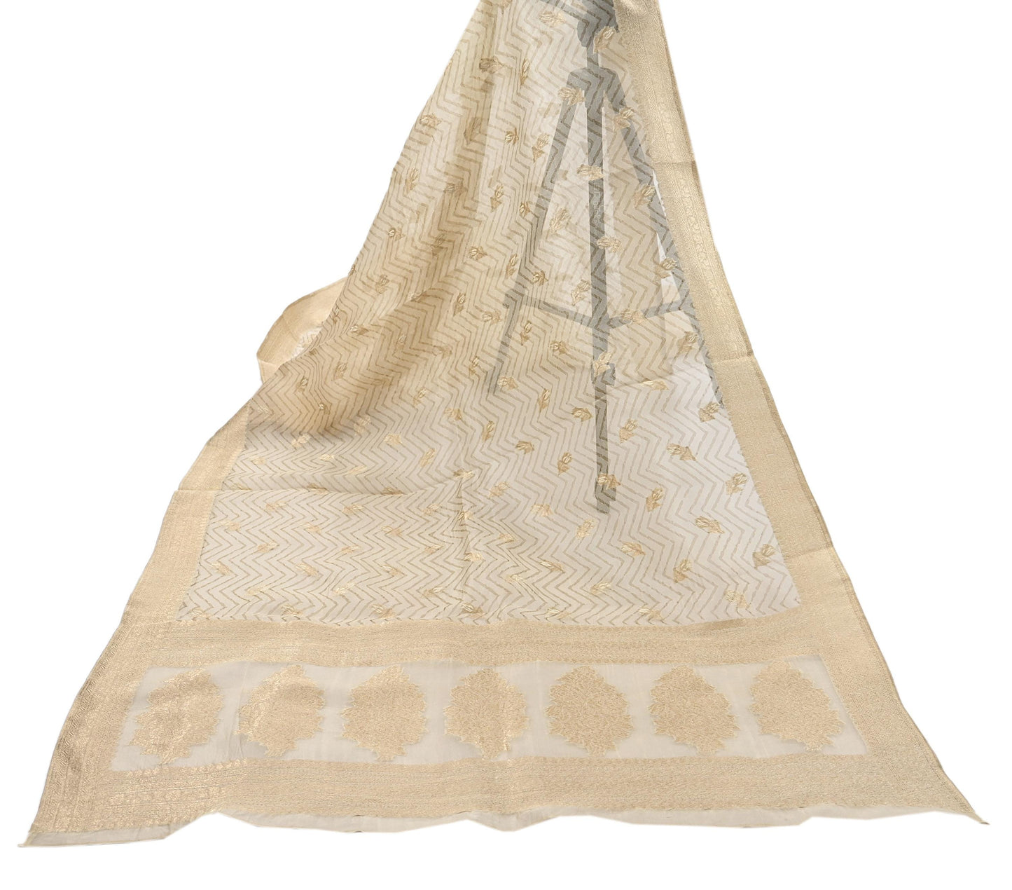 Indian Vintage Dupatta Ivory Pure Organza Silk Long Stole Woven Scarves Veil Zari Soft Stripes Design