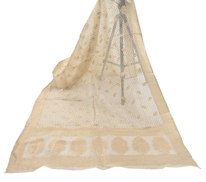 Indian Vintage Dupatta Ivory Pure Organza Silk Long Stole Woven Scarves Veil Zari Soft Stripes Design
