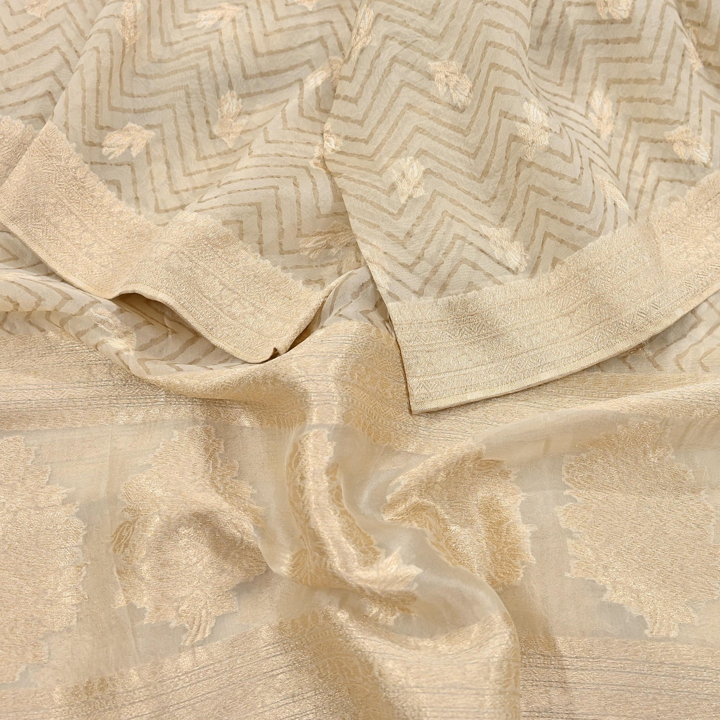 Indian Vintage Dupatta Ivory Pure Organza Silk Long Stole Woven Scarves Veil Zari Soft Stripes Design