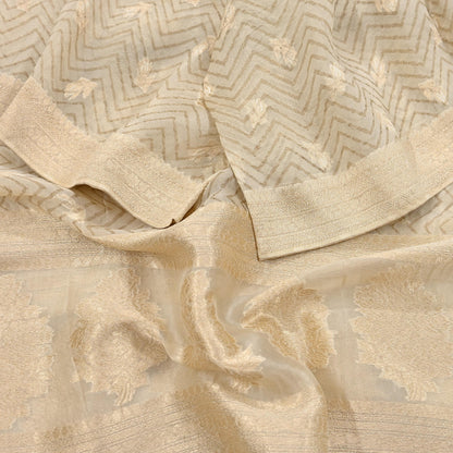 Indian Vintage Dupatta Ivory Pure Organza Silk Long Stole Woven Scarves Veil Zari Soft Stripes Design
