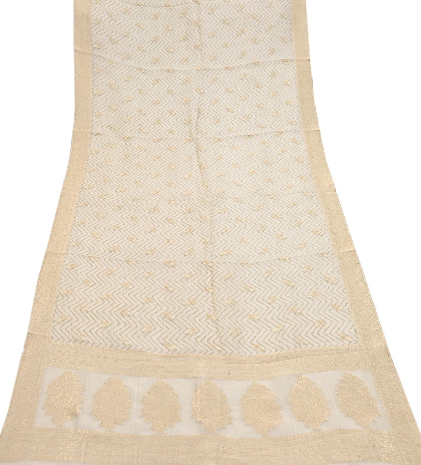 Indian Vintage Dupatta Ivory Pure Organza Silk Long Stole Woven Scarves Veil Zari Soft Stripes Design