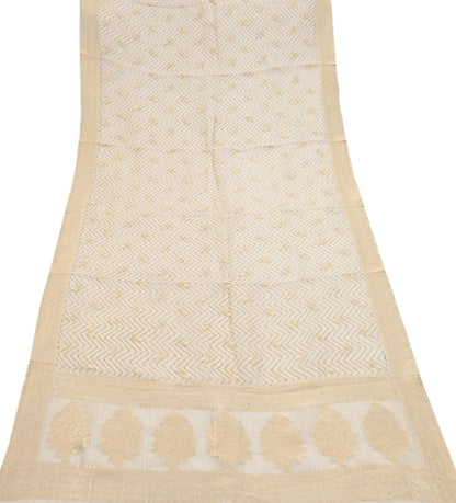 Indian Vintage Dupatta Ivory Pure Organza Silk Long Stole Woven Scarves Veil Zari Soft Stripes Design
