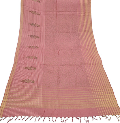 Indian Vintage Dupatta Peach Long Stole Printed Woven Pure Chanderi Silk Indian Scarves Veil Golden Zari Soft Fringes