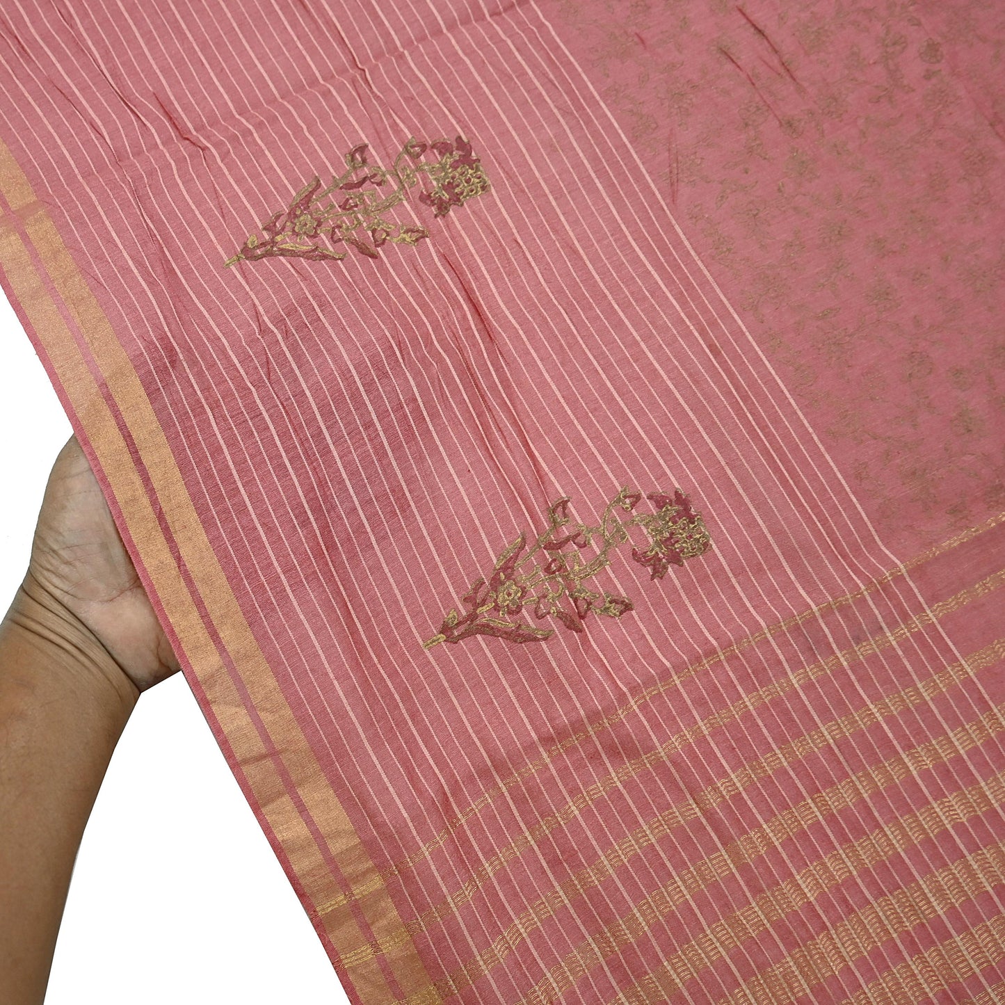 Indian Vintage Dupatta Peach Long Stole Printed Woven Pure Chanderi Silk Indian Scarves Veil Golden Zari Soft Fringes