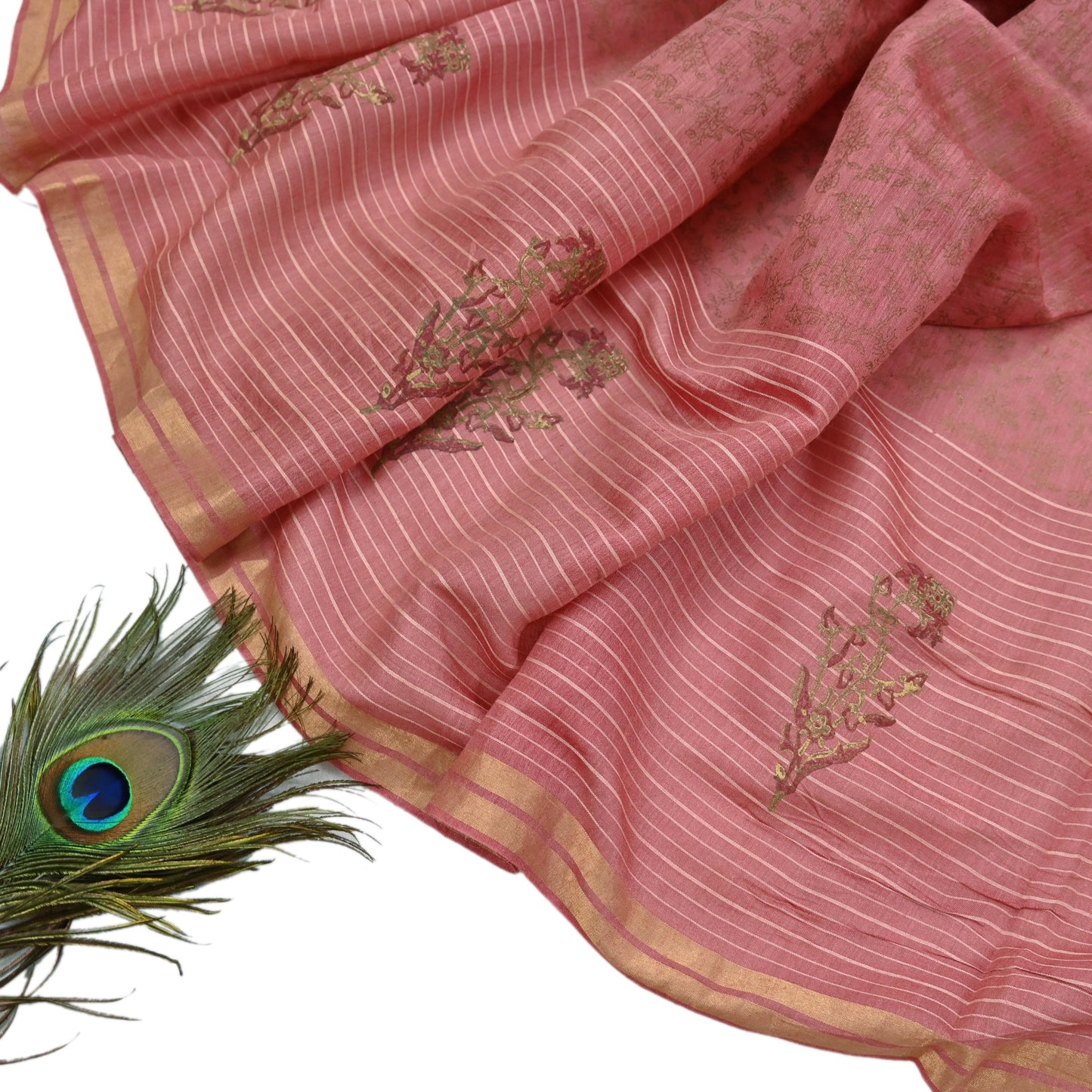 Indian Vintage Dupatta Peach Long Stole Printed Woven Pure Chanderi Silk Indian Scarves Veil Golden Zari Soft Fringes