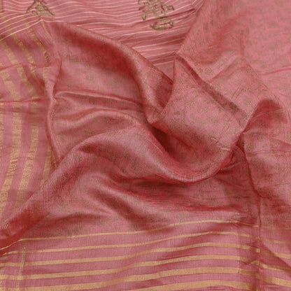 Indian Vintage Dupatta Peach Long Stole Printed Woven Pure Chanderi Silk Indian Scarves Veil Golden Zari Soft Fringes