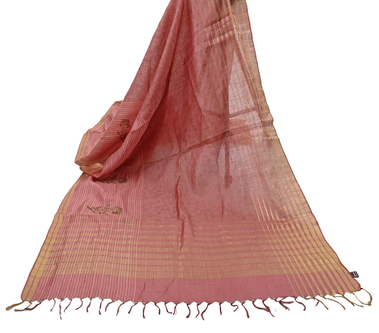 Indian Vintage Dupatta Peach Long Stole Printed Woven Pure Chanderi Silk Indian Scarves Veil Golden Zari Soft Fringes
