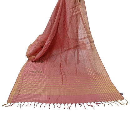Indian Vintage Dupatta Peach Long Stole Printed Woven Pure Chanderi Silk Indian Scarves Veil Golden Zari Soft Fringes