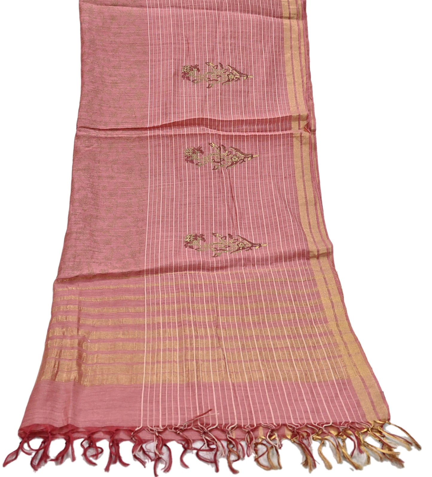 Indian Vintage Dupatta Peach Long Stole Printed Woven Pure Chanderi Silk Indian Scarves Veil Golden Zari Soft Fringes