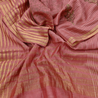Indian Vintage Dupatta Peach Long Stole Printed Woven Pure Chanderi Silk Indian Scarves Veil Golden Zari Soft Fringes