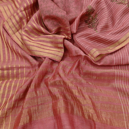 Indian Vintage Dupatta Peach Long Stole Printed Woven Pure Chanderi Silk Indian Scarves Veil Golden Zari Soft Fringes