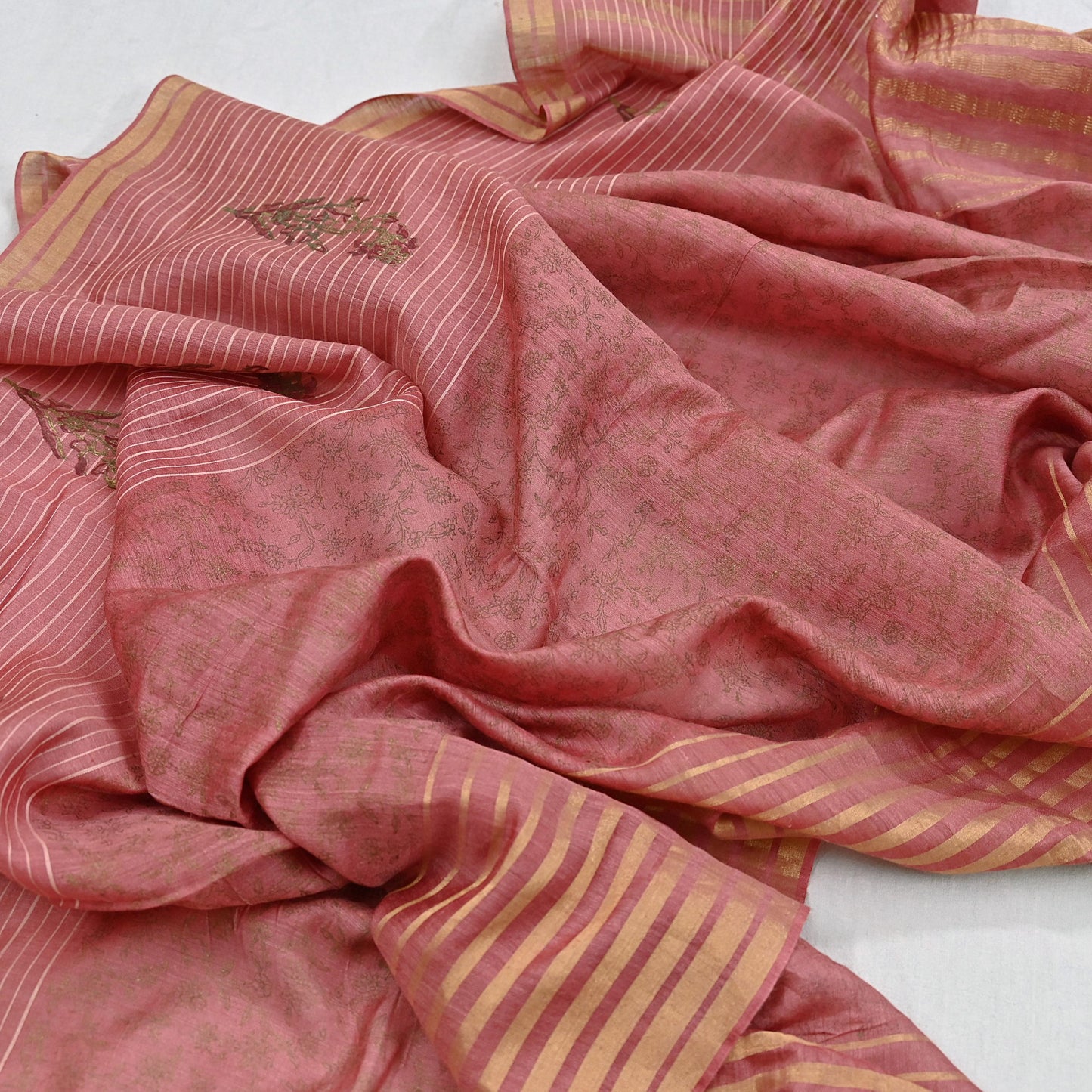 Indian Vintage Dupatta Peach Long Stole Printed Woven Pure Chanderi Silk Indian Scarves Veil Golden Zari Soft Fringes