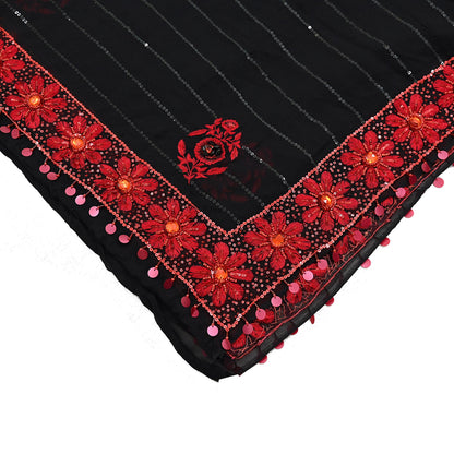 Indian Vintage Black Dupatta Pure Georgette silk Long Stole Hand Embroidered Scarves Stole Veil Wrap Sequins Dabka/ Zardozi