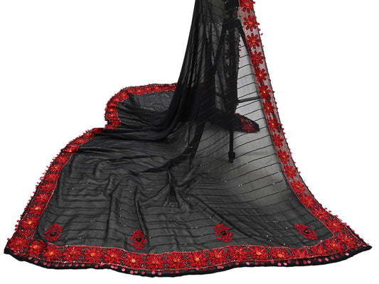 Indian Vintage Black Dupatta Pure Georgette silk Long Stole Hand Embroidered Scarves Stole Veil Wrap Sequins Dabka/ Zardozi