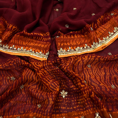 Indian Vintage Heavy Maroon Dupatta Pure Georgette silk Long Stole Hand Embroidered Leheria Scarves Stole Veil Wrap