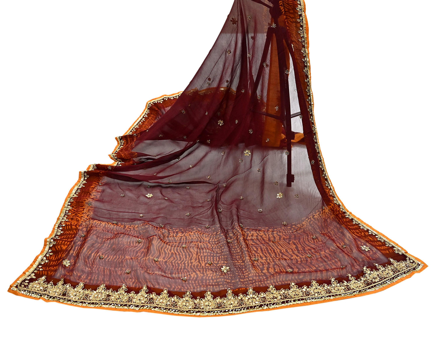 Indian Vintage Heavy Maroon Dupatta Pure Georgette silk Long Stole Hand Embroidered Leheria Scarves Stole Veil Wrap
