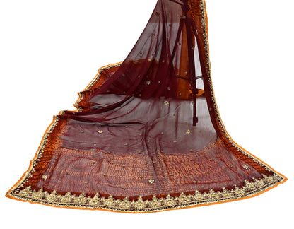 Indian Vintage Heavy Maroon Dupatta Pure Georgette silk Long Stole Hand Embroidered Leheria Scarves Stole Veil Wrap