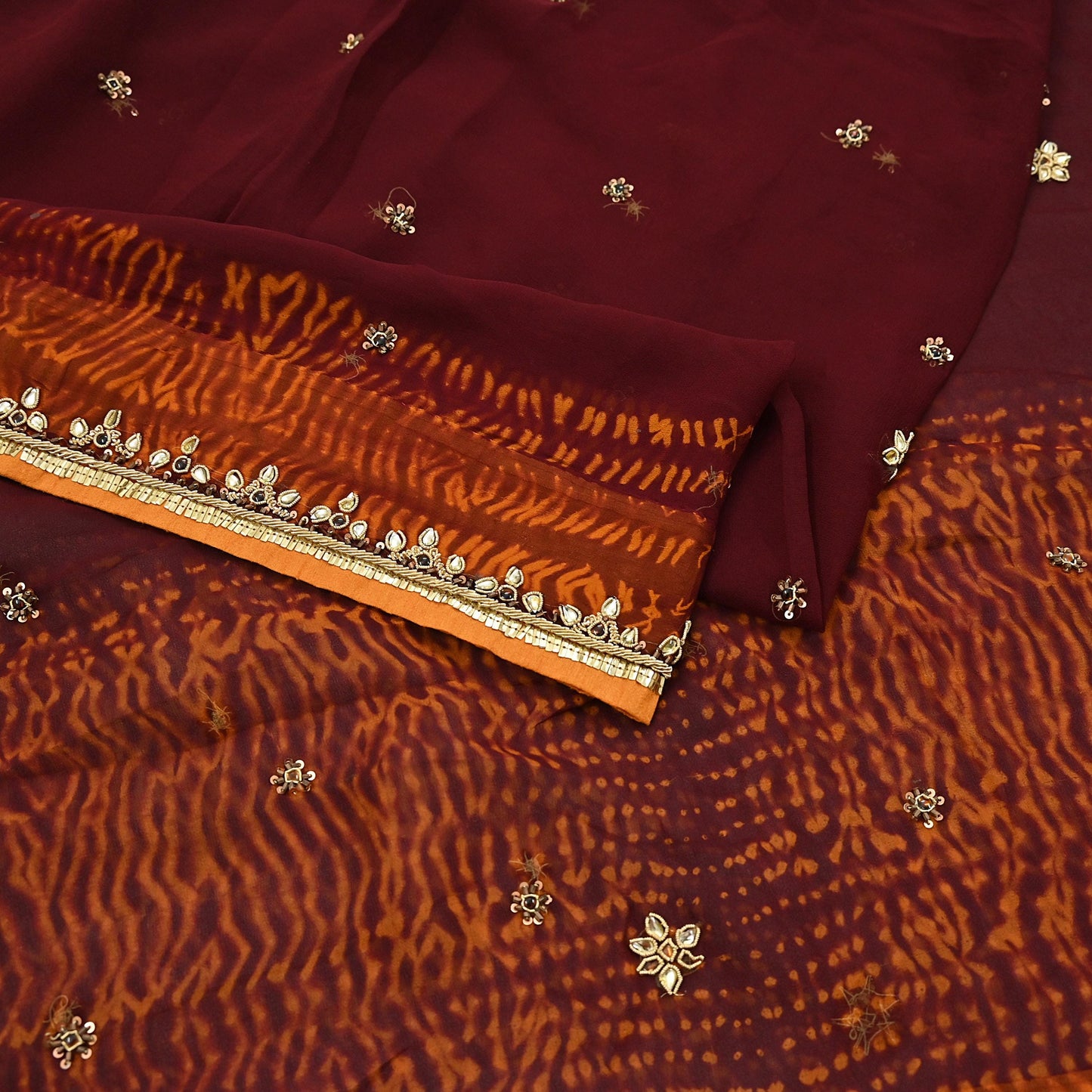 Indian Vintage Heavy Maroon Dupatta Pure Georgette silk Long Stole Hand Embroidered Leheria Scarves Stole Veil Wrap